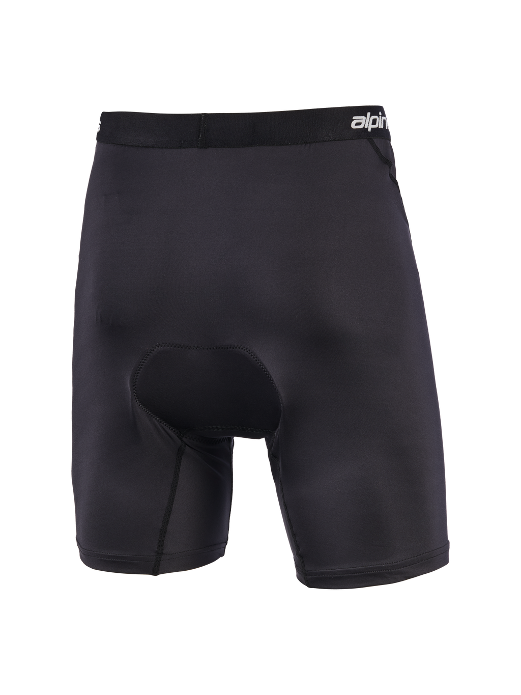 Alpinestars MX Boxer Padded, zwarte gewatteerde motorcross boxershort, achteraanzicht met chamois vulling met meerdere dichtheden, elastische tailleband met merknaam, ergonomische stretchconstructie voor off-road rijcomfort.