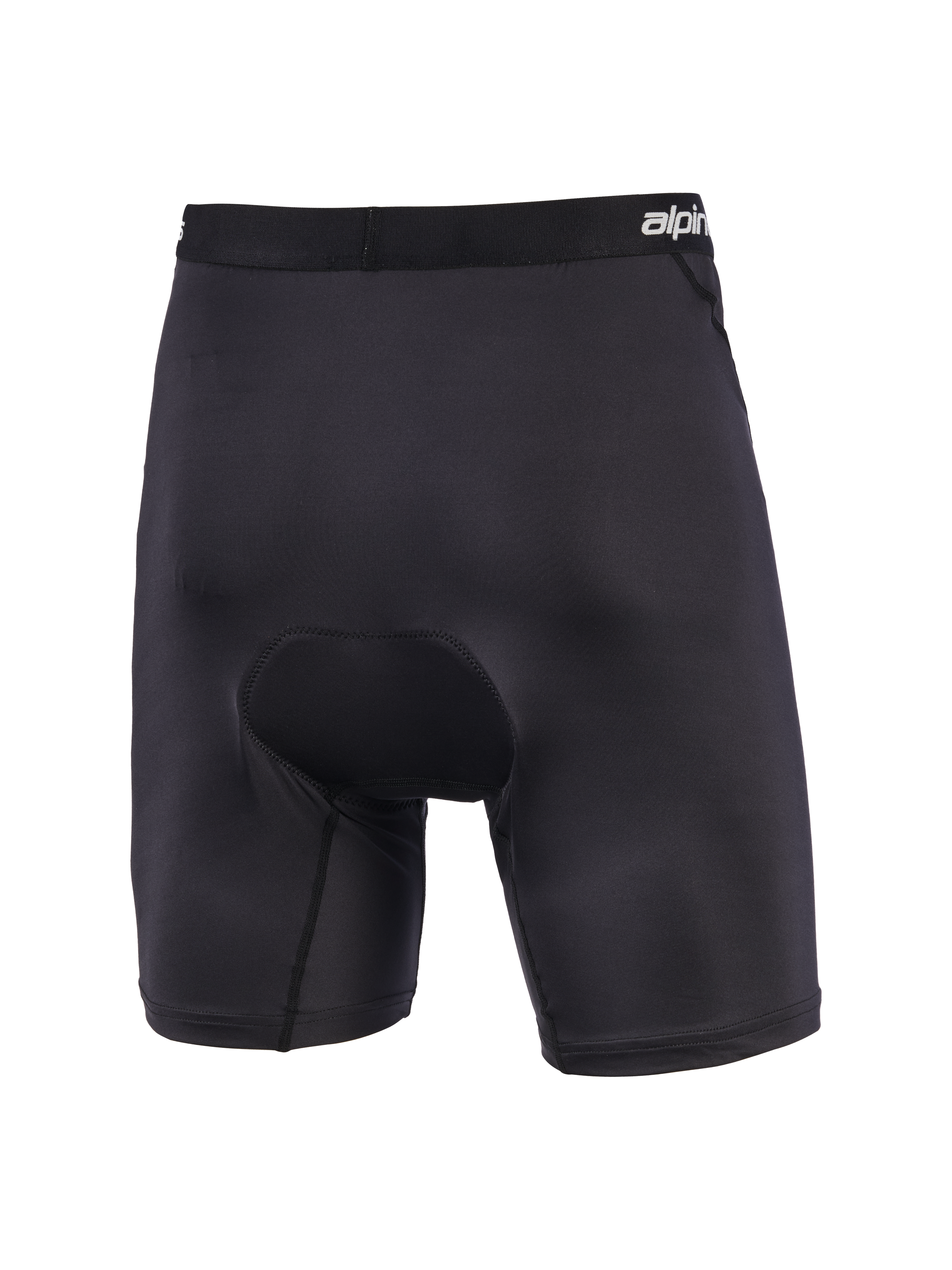Alpinestars MX Boxer Padded, zwarte gewatteerde motorcross boxershort, achteraanzicht met chamois vulling met meerdere dichtheden, elastische tailleband met merknaam, ergonomische stretchconstructie voor off-road rijcomfort.
