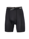 Alpinestars MX Boxer Padded, motorcross basislaag, zwart, compressieshort met een elastische tailleband met merknaam en wit logo, verticale platte naden en gladgebreide stretchstof ontworpen voor comfort tijdens off-road ritten