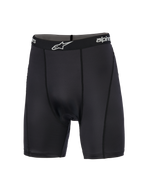 Alpinestars MX Boxer Padded, motorcross basislaag, zwart, compressieshort met een elastische tailleband met merknaam en wit logo, verticale platte naden en gladgebreide stretchstof ontworpen voor comfort tijdens off-road ritten