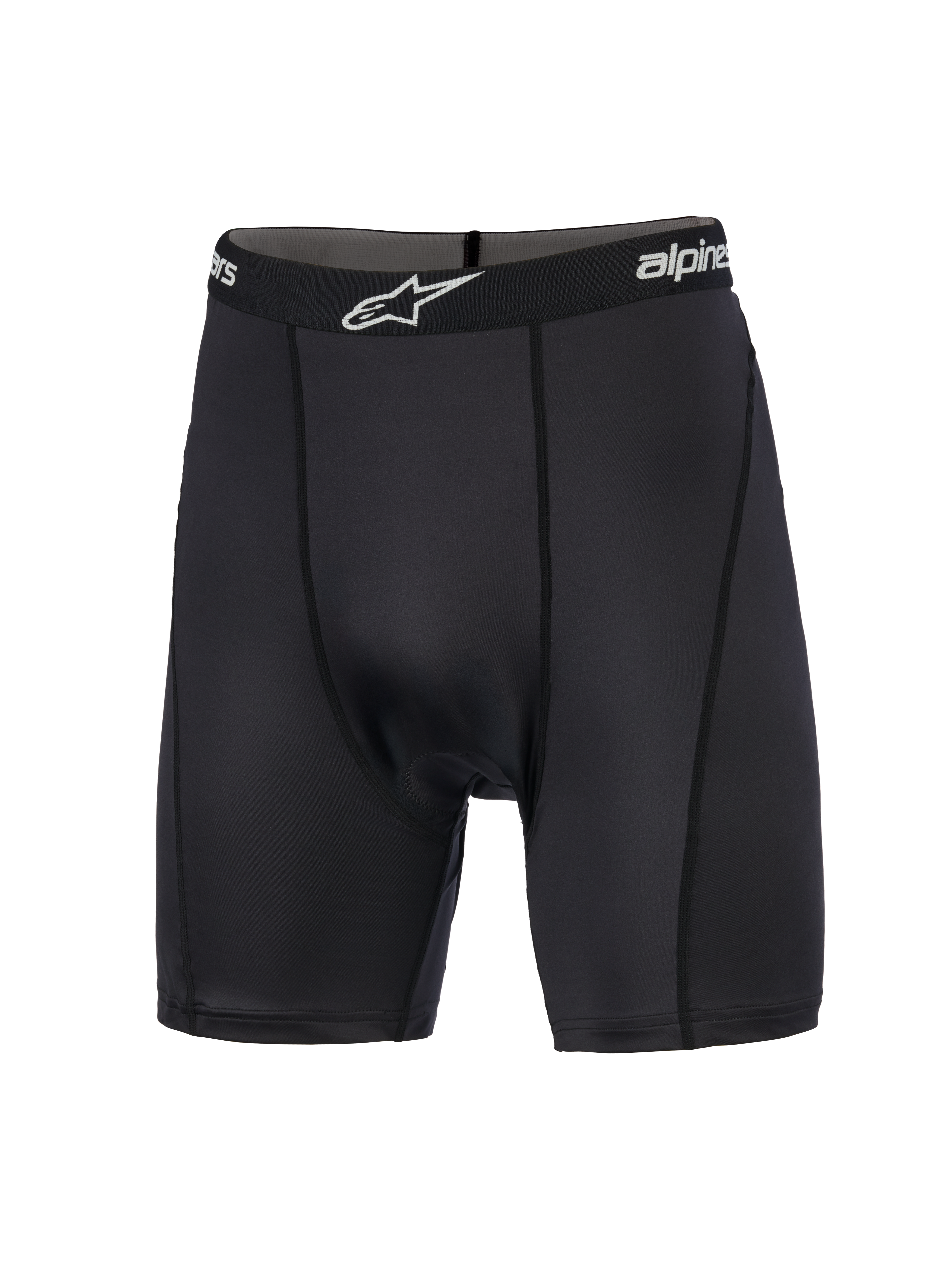 Alpinestars MX Boxer Padded, motorcross basislaag, zwart, compressieshort met een elastische tailleband met merknaam en wit logo, verticale platte naden en gladgebreide stretchstof ontworpen voor comfort tijdens off-road ritten