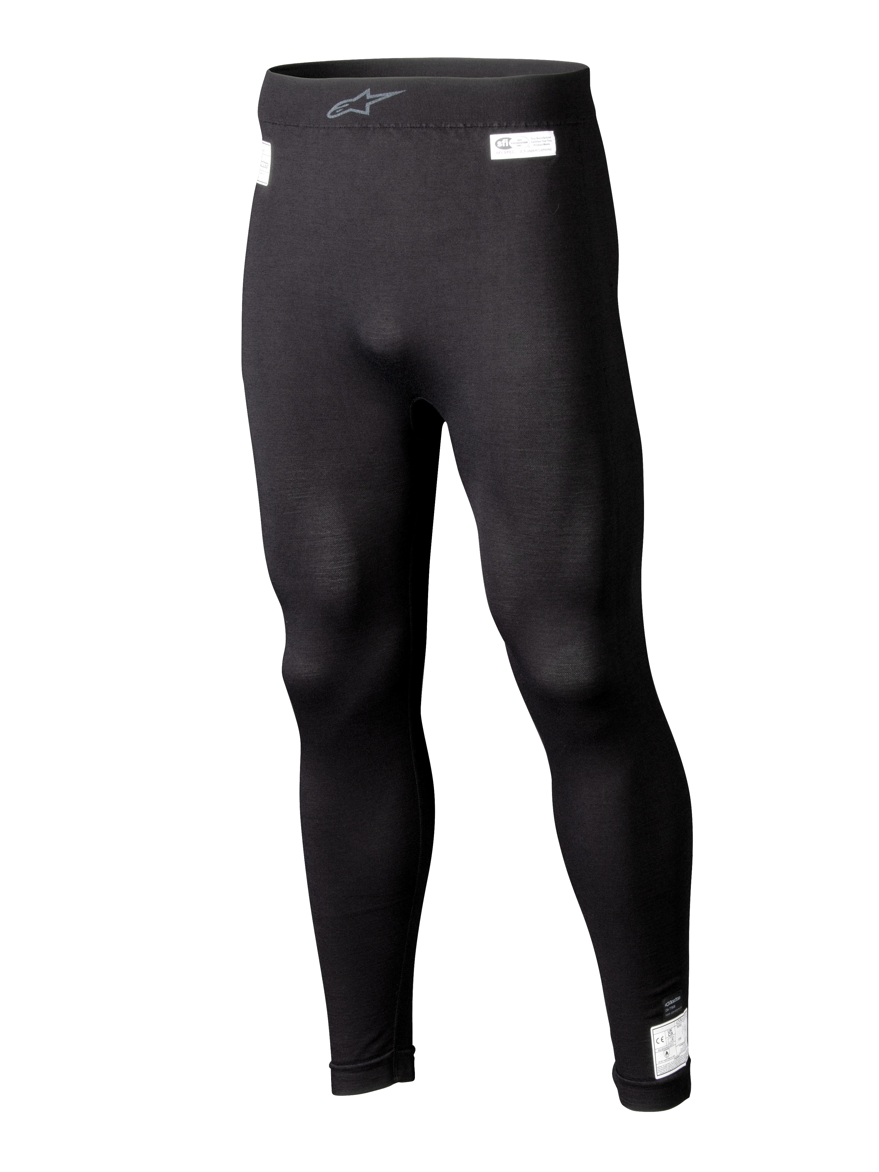 Alpinestars ZX Evo V3 Bottom, legging de couche de base noir pour le sport automobile, sous-vêtement de course ignifugé, modèle long avec étiquettes de certification FIA et SFI blanches, taille élastique avec logo Astars gris, coupe ajustée.
