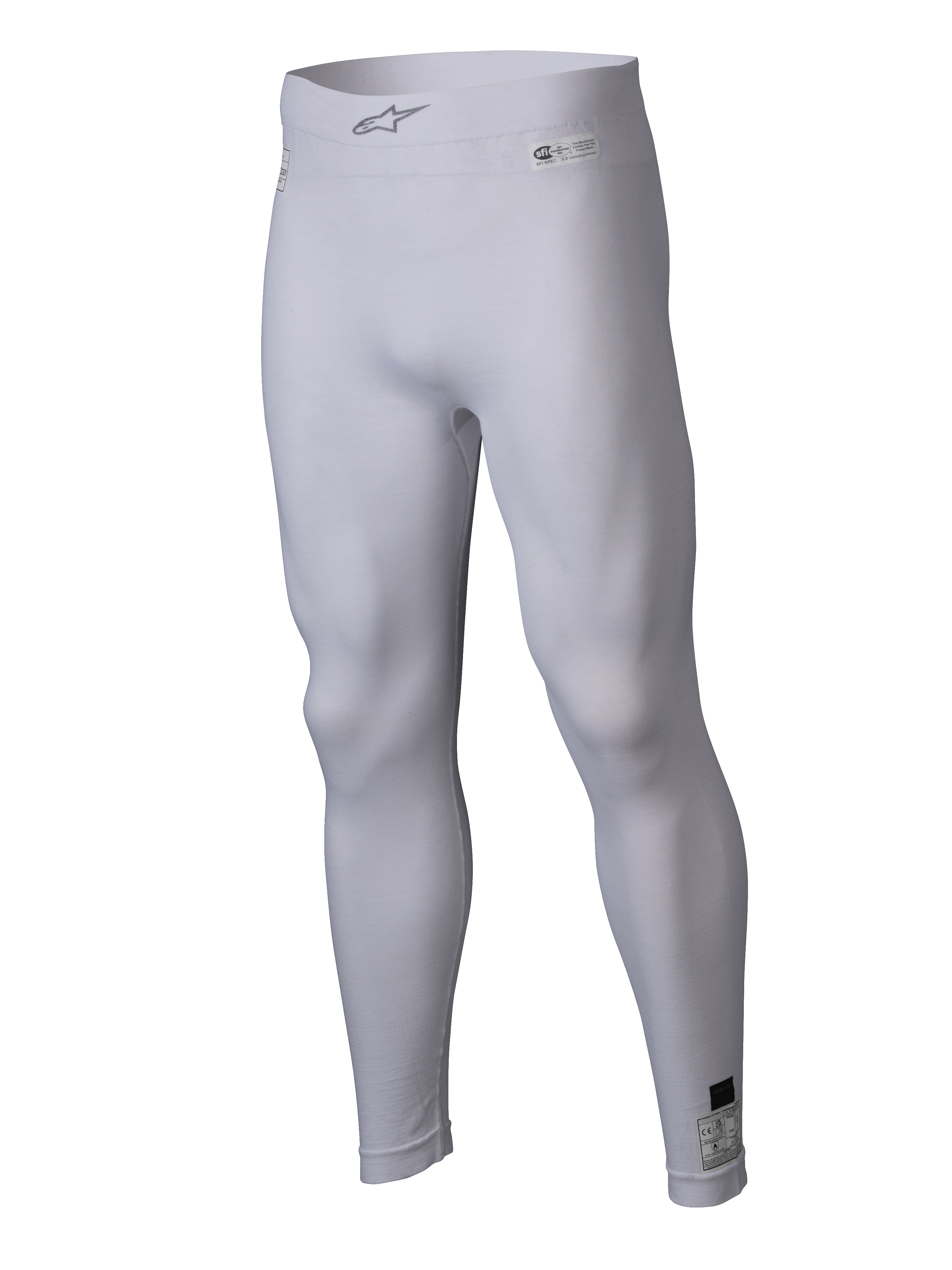 Alpinestars ZX Evo V3 Bottom, witte auto racing basislaag, vlamvertragende compressie-legging, voorzien van Alpinestars-logo op de elastische tailleband en certificeringslabels, lichtgewicht stretchstof voor motorsportprestaties