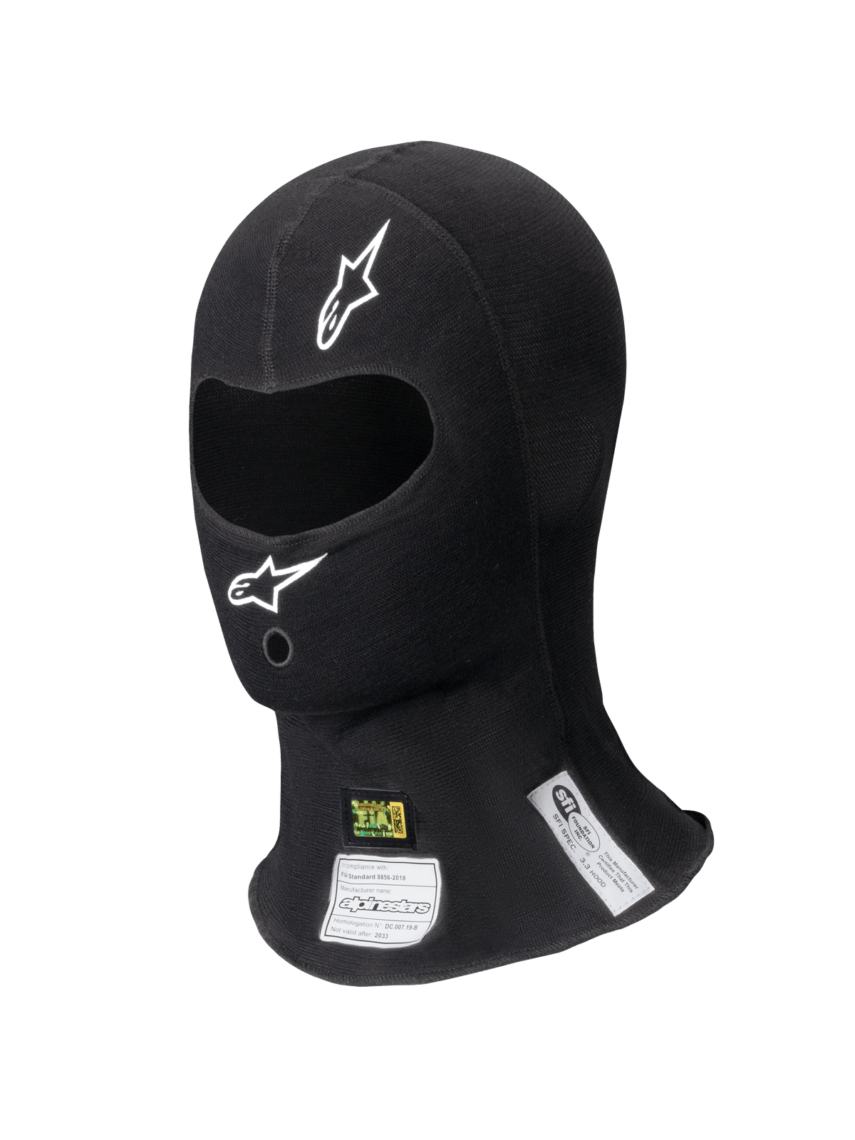 Alpinestars ZX Balaclava Evo V2 FIA/SFI, cagoule de course noire, ouverture unique pour les yeux avec logos blancs, étiquettes d'homologation FIA et SFI visibles sur le cou, tissu technique ignifugé pour le sport automobile professionnel
