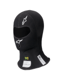 Alpinestars ZX Balaclava Evo V2 FIA/SFI, zwarte racebivakmuts, enkele oogopening met witte logo's, zichtbare FIA- en SFI-certificeringslabels in de nek, vlamvertragende technische stof voor professionele autosport