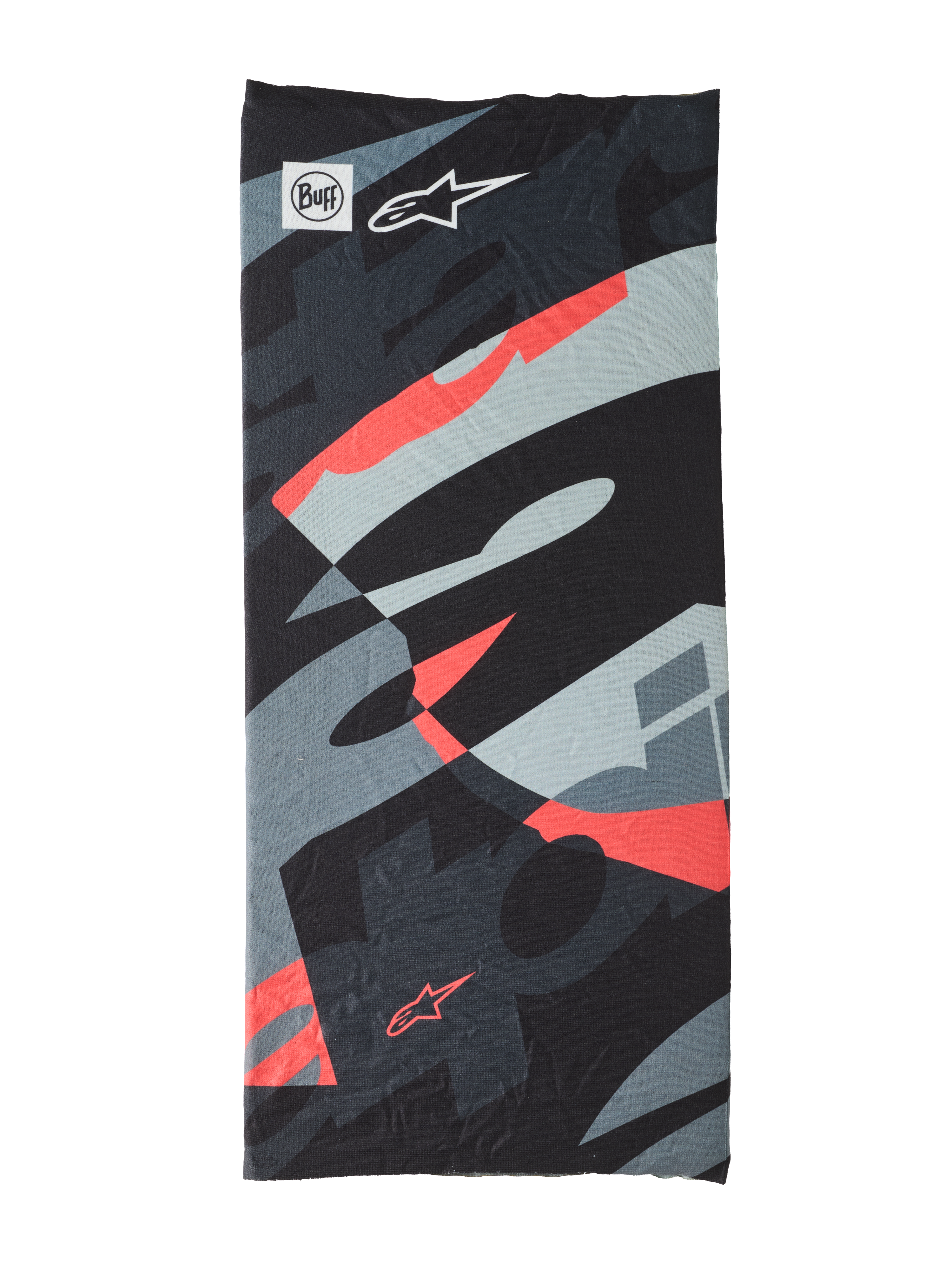 Buff Mogress Neck Tube, multifunctional headwear, Black Camo Red Fluo, abstract pattern in black, gray, and fluorescent red, lightweight seamless fabric featuring Buff and Alpinestars star logos