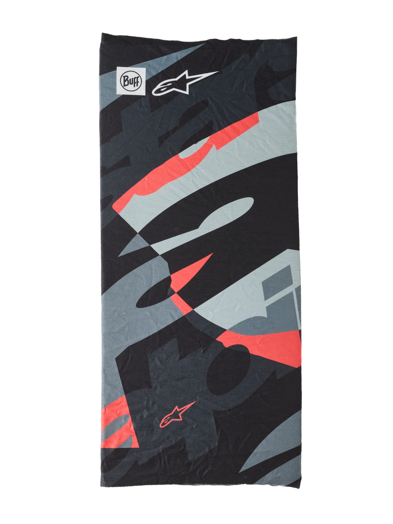 Buff Mogress Neck Tube, tour de cou multifonctionnel, motif abstrait noir, gris, bleu clair et rouge, texture lisse, design dynamique avec formes géométriques, logos Buff et Alpinestars visibles