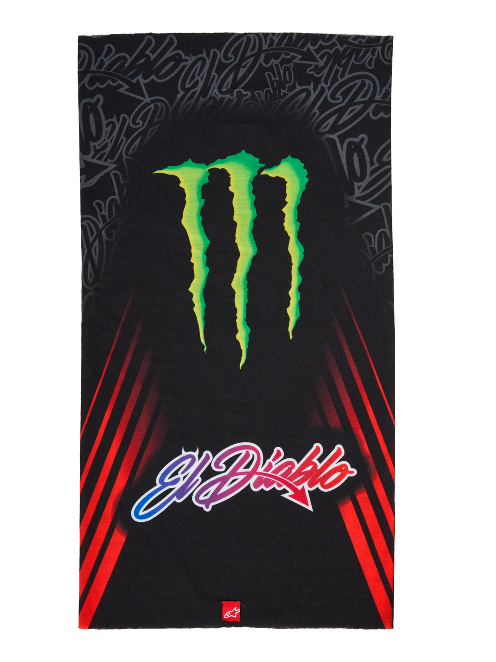Alpinestars FQ20 Neck Tube Monster, motor nektube, zwart voorzien van een groot groen Monster Energy klauwlogo en 'El Diablo' tekst met kleurverloop, rode diagonale racestrepen aan de zijkanten, lichtgewicht textiel accessoire voor motorrijden in de lente en zomer