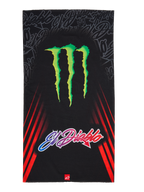 Alpinestars FQ20 Neck Tube Monster, motor nektube, zwart voorzien van een groot groen Monster Energy klauwlogo en 'El Diablo' tekst met kleurverloop, rode diagonale racestrepen aan de zijkanten, lichtgewicht textiel accessoire voor motorrijden in de lente en zomer