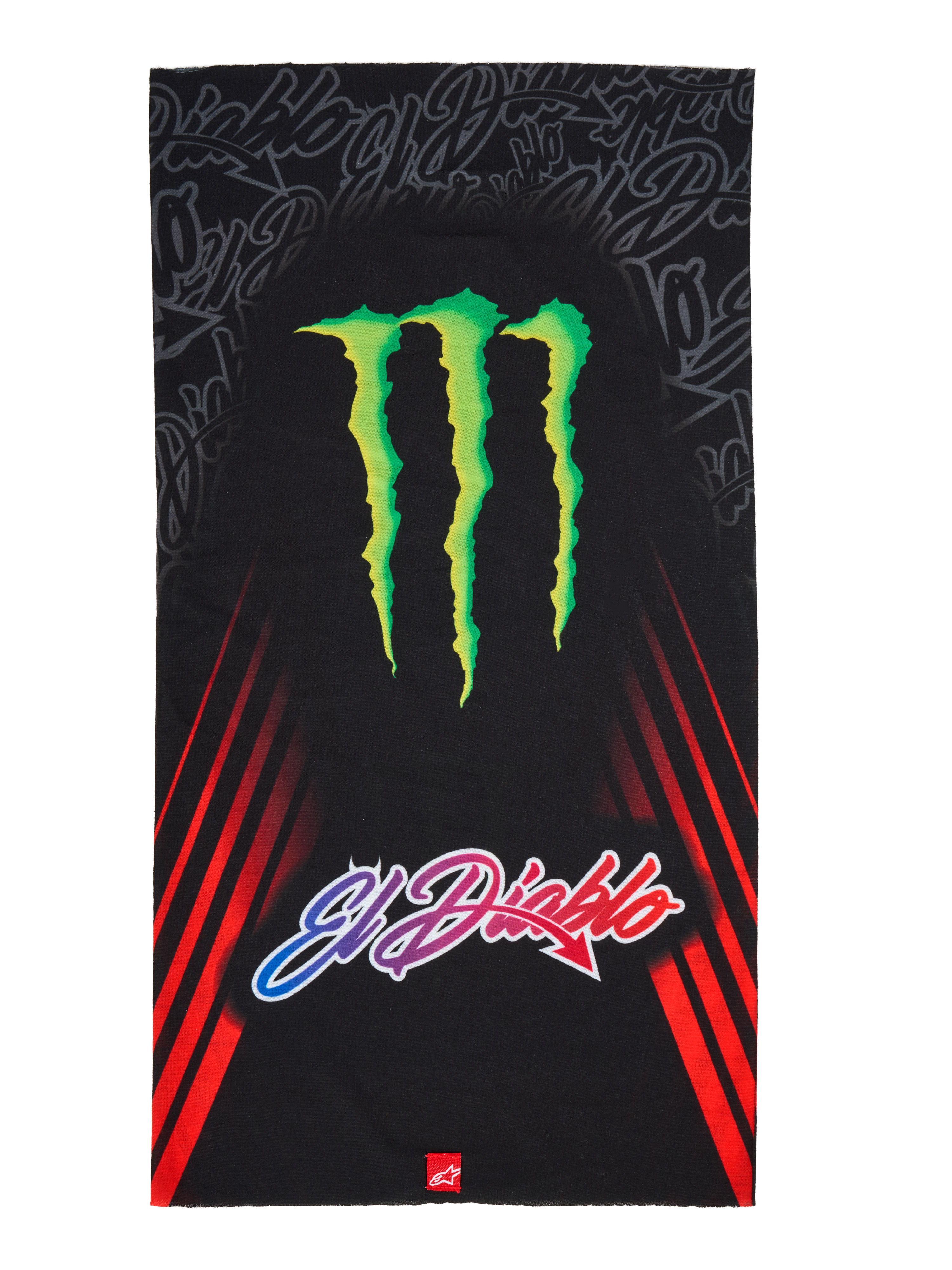 Alpinestars FQ20 Neck Tube Monster, motor nektube, zwart voorzien van een groot groen Monster Energy klauwlogo en 'El Diablo' tekst met kleurverloop, rode diagonale racestrepen aan de zijkanten, lichtgewicht textiel accessoire voor motorrijden in de lente en zomer