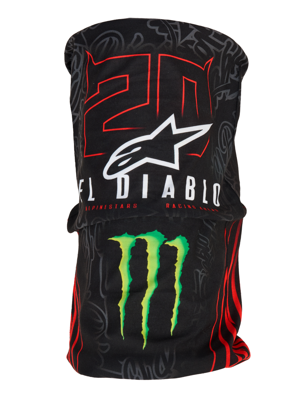 Alpinestars FQ20 Neck Tube Monster, lichtgewicht motor nektube, zwart met rode '20' en witte 'El Diablo' graphics, wit Alpinestars logo en groene Monster Energy-klauw, op de racerij geïnspireerd accessoire met een zijdezachte textuur