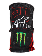 Alpinestars FQ20 Neck Tube Monster, lichtgewicht motor nektube, zwart met rode '20' en witte 'El Diablo' graphics, wit Alpinestars logo en groene Monster Energy-klauw, op de racerij geïnspireerd accessoire met een zijdezachte textuur