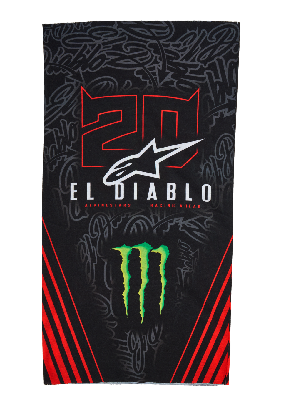 Alpinestars FQ20 Neck Tube Monster, lichtgewicht motor nektube, zwart met rode en groene accenten, voorzien van '20' en 'EL DIABLO' graphics, Monster Energy klauwlogo, wit Alpinestars logo en rode diagonale strepen op een ton-sur-ton graffiti achtergrond