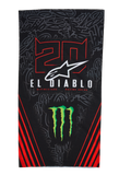 Alpinestars FQ20 Neck Tube Monster, lichtgewicht motor nektube, zwart met rode en groene accenten, voorzien van '20' en 'EL DIABLO' graphics, Monster Energy klauwlogo, wit Alpinestars logo en rode diagonale strepen op een ton-sur-ton graffiti achtergrond