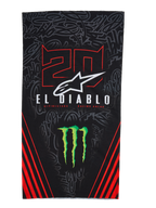 Alpinestars FQ20 Neck Tube Monster, lichtgewicht motor nektube, zwart met rode en groene accenten, voorzien van '20' en 'EL DIABLO' graphics, Monster Energy klauwlogo, wit Alpinestars logo en rode diagonale strepen op een ton-sur-ton graffiti achtergrond
