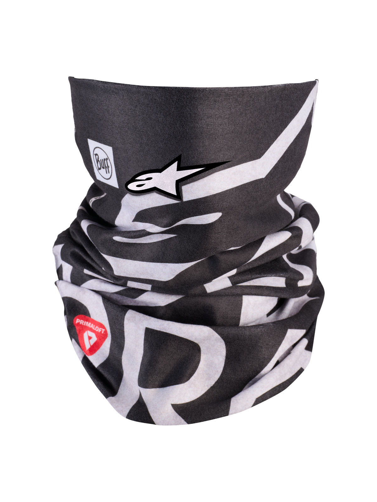 Alpinestars Buff All Terra Primaloft Neck Tube, cache-cou thermique de moto noir et blanc avec marquage Primaloft rouge et logo Alpinestars