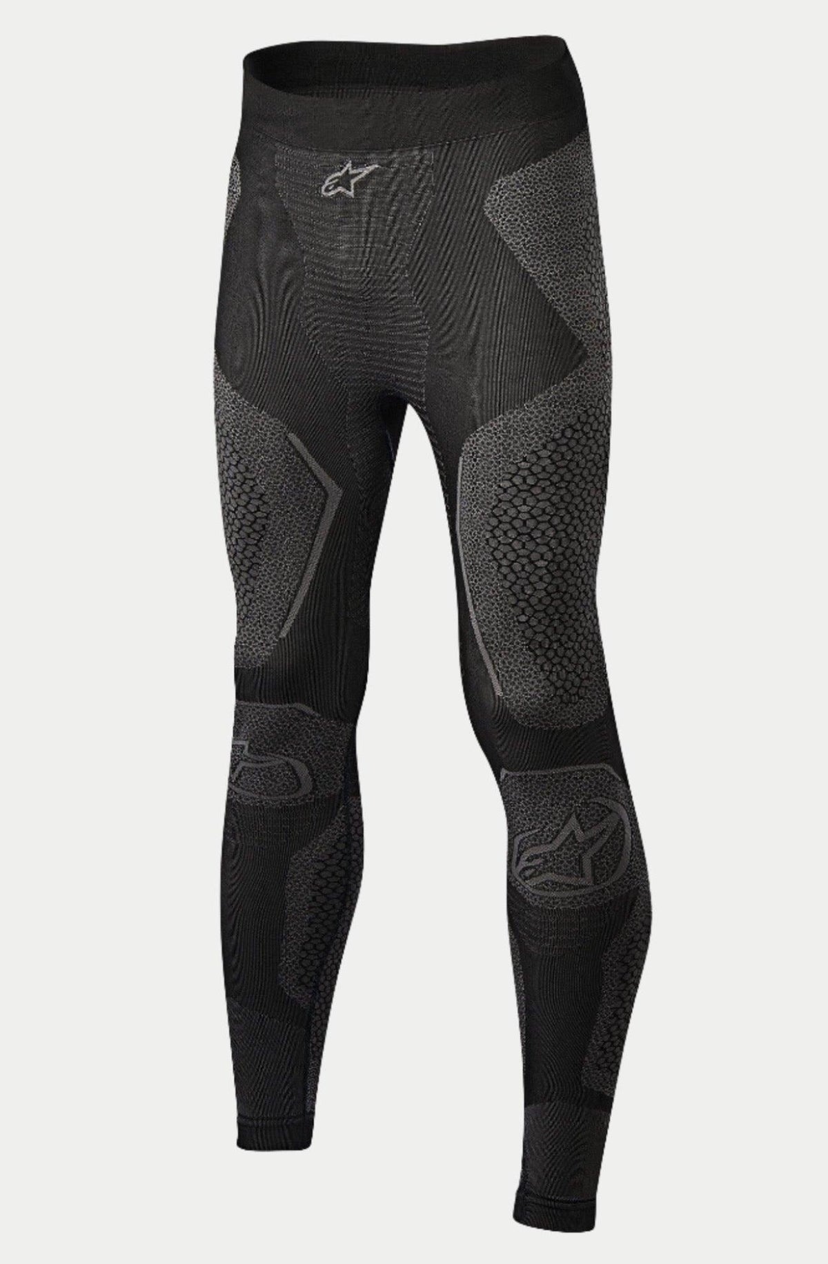 Alpinestars Ride Tech Unterteil Winter, Motorrad-Basisschicht-Hose, Schwarz und Grau, mit Dual-Density-Strickeinsätzen und strukturierten Mustern, nahtlose Konstruktion, Alpinestars-Logos am Bund und an den Schienbeinen, entwickelt für Fahrten bei kaltem Wetter