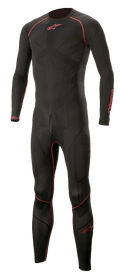 Alpinestars Ride Tech Lite 1-Piece Undersuit, zwart met rode accenten, nauwsluitende eendelige motoronderkleding met textuurpatroon, rode biesdetails op schouders, armen en benen, rood sterlogo op borst en dij, naadloze constructie voor optimaal comfort onder racepakken