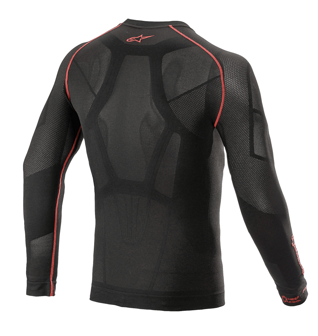 Alpinestars Ride Tech V2 Top Lange Mouwen Zomer, motor-onderlaag, zwart en rood, achteraanzicht met lichaamsgeoriënteerde constructie met open mesh-inzetstukken, rode flatlocknaden en rood Alpinestars-logo op de kraag, technische onderlaag voor warm weer