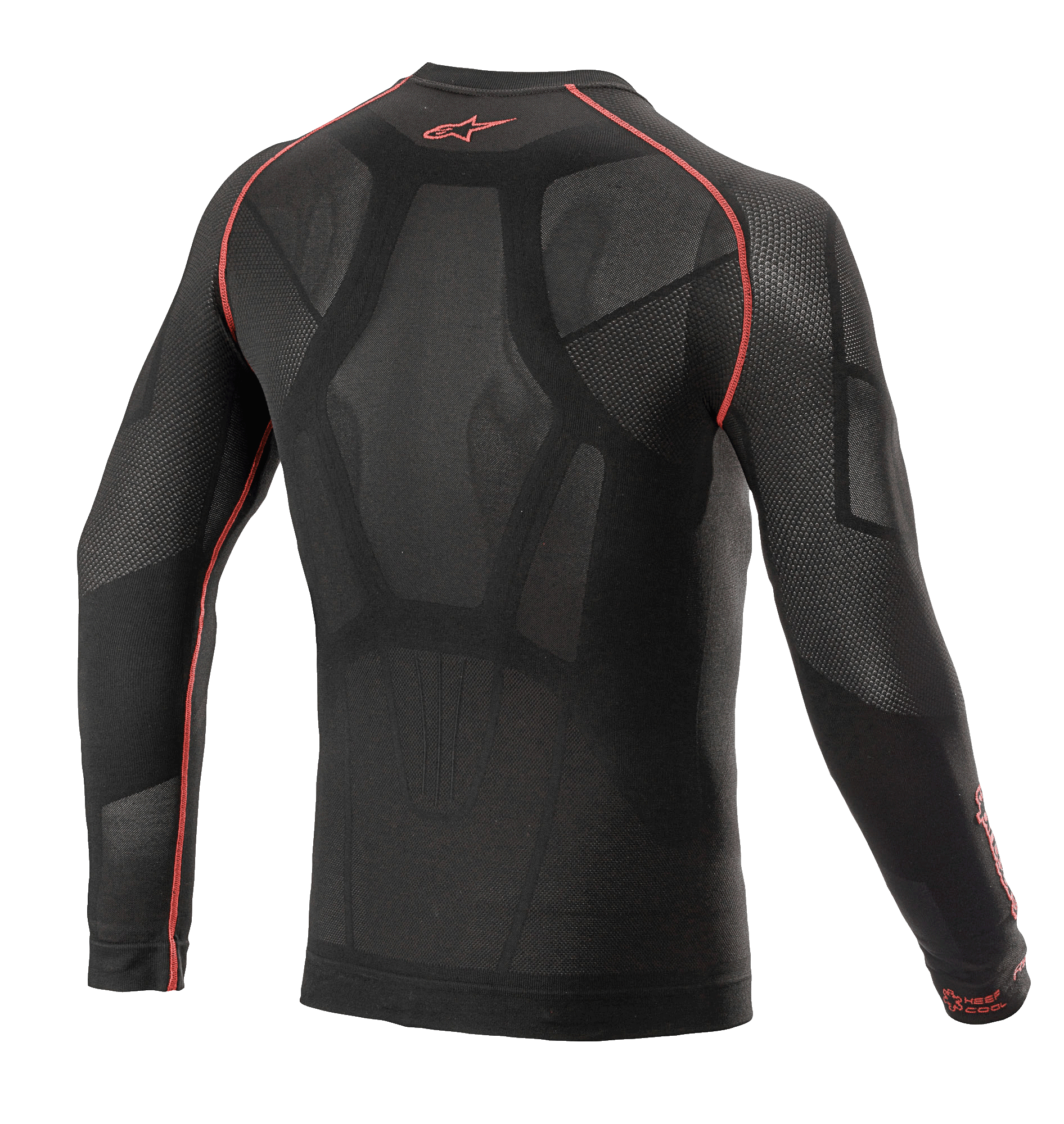 Alpinestars Ride Tech V2 Top Lange Mouwen Zomer, motor-onderlaag, zwart en rood, achteraanzicht met lichaamsgeoriënteerde constructie met open mesh-inzetstukken, rode flatlocknaden en rood Alpinestars-logo op de kraag, technische onderlaag voor warm weer
