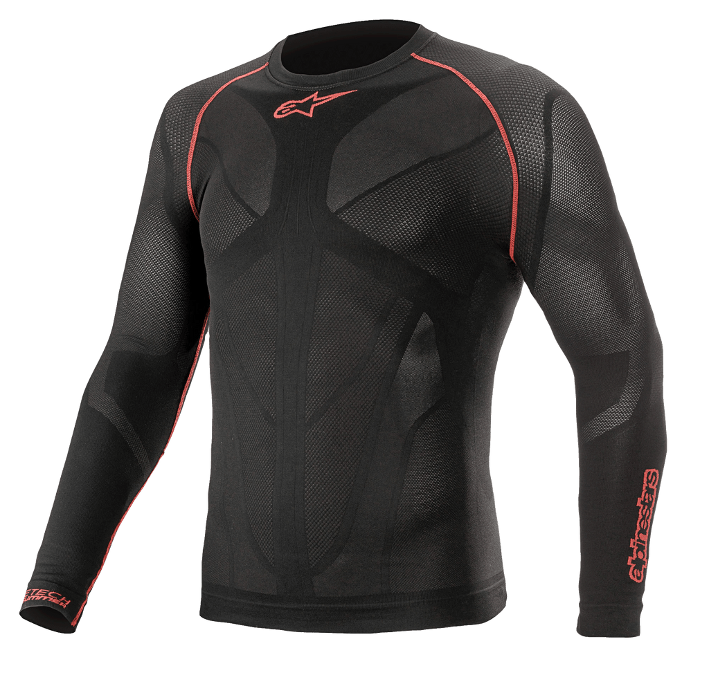 Alpinestars Ride Tech V2 Top Long Sleeve Summer, motor-base layer, zwart en rood, voorzien van ademende body-mapped mesh-panelen, rode flatlock-naden op de schouders en Alpinestars-logo's op de borst en mouw