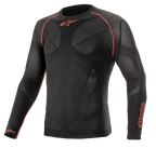 Alpinestars Ride Tech V2 Top Long Sleeve Summer, motor-base layer, zwart en rood, voorzien van ademende body-mapped mesh-panelen, rode flatlock-naden op de schouders en Alpinestars-logo's op de borst en mouw