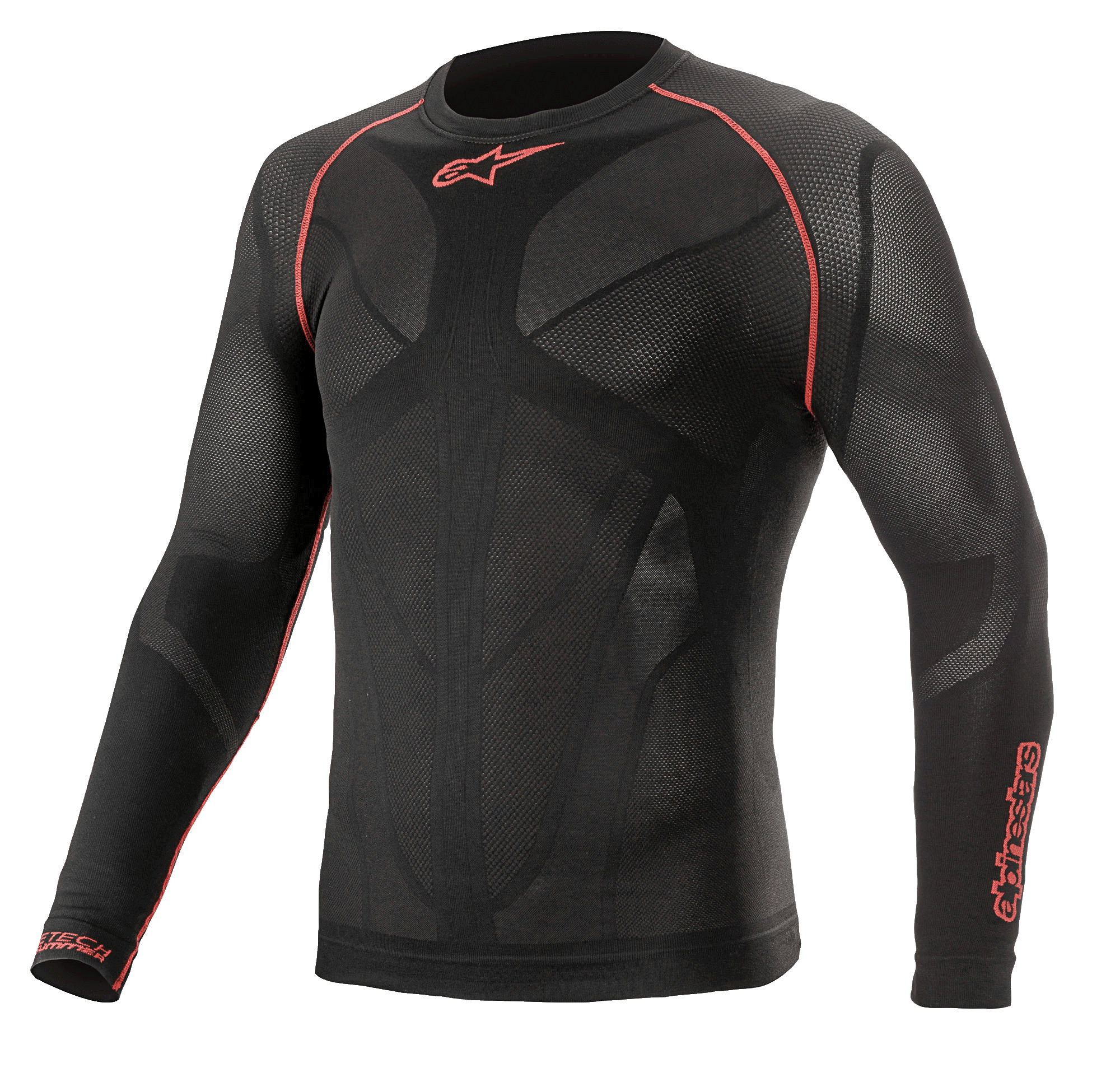 Alpinestars Ride Tech V2 Top Long Sleeve Summer, motor-base layer, zwart en rood, voorzien van ademende body-mapped mesh-panelen, rode flatlock-naden op de schouders en Alpinestars-logo's op de borst en mouw