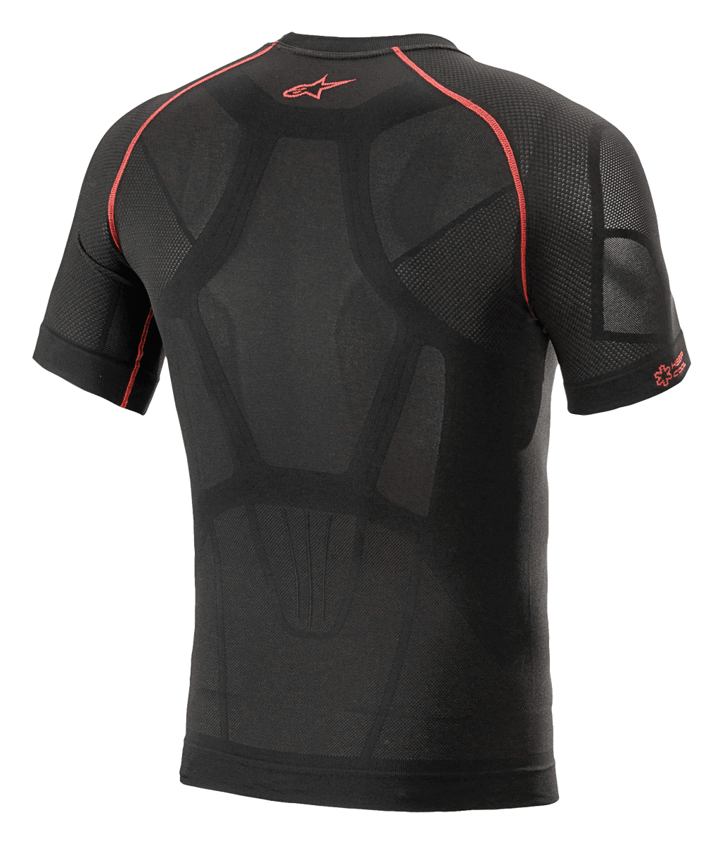 Alpinestars Ride Tech V2 Top Short Sleeve Summer, Motorcycle Base Layer, Black and Red, back view featuring body-mapped construction with mesh ventilation panels, red contrast stitching, and red Astars logo on the upper back