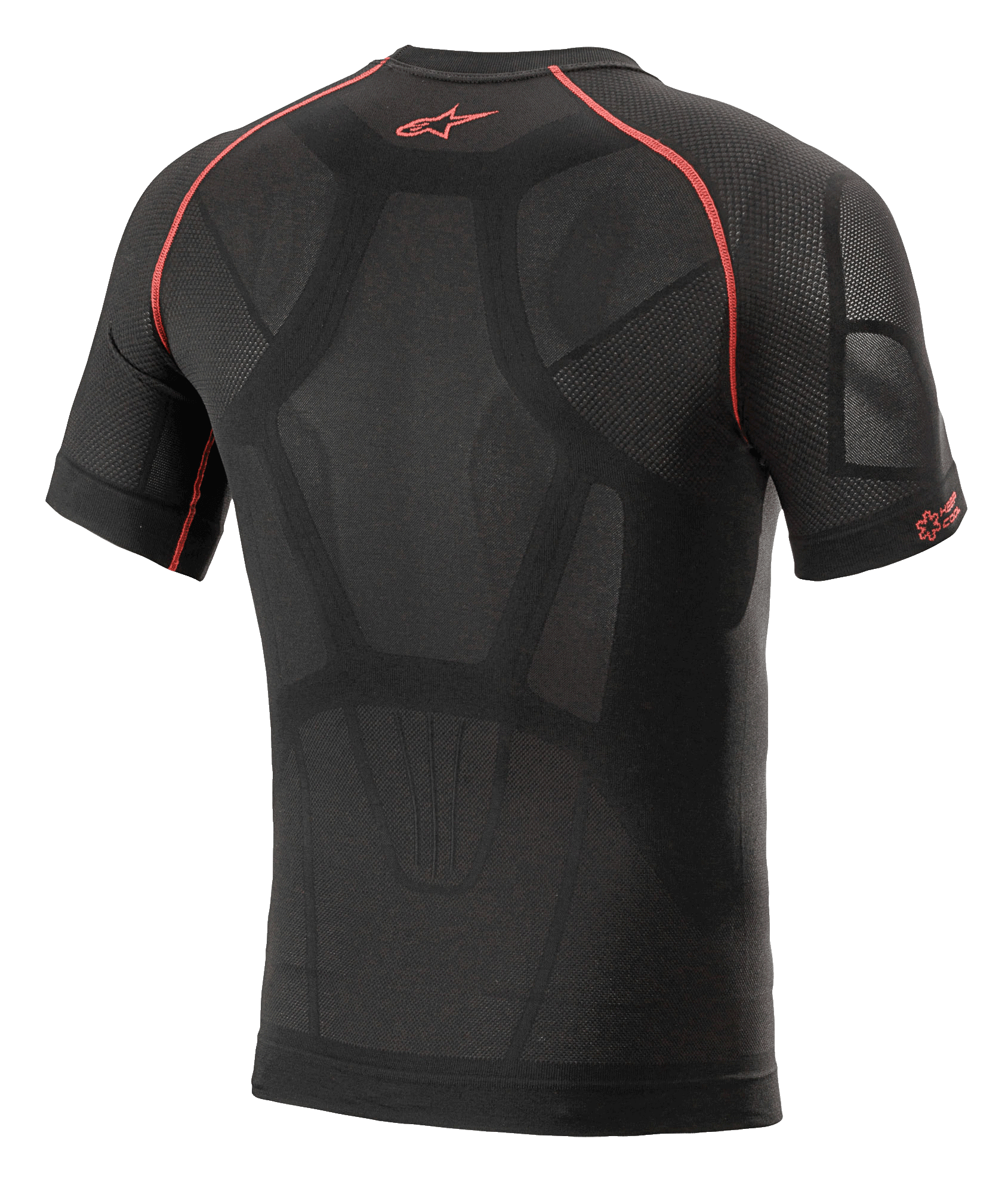 Alpinestars Ride Tech V2 Top Short Sleeve Summer, Motorcycle Base Layer, Black and Red, back view featuring body-mapped construction with mesh ventilation panels, red contrast stitching, and red Astars logo on the upper back