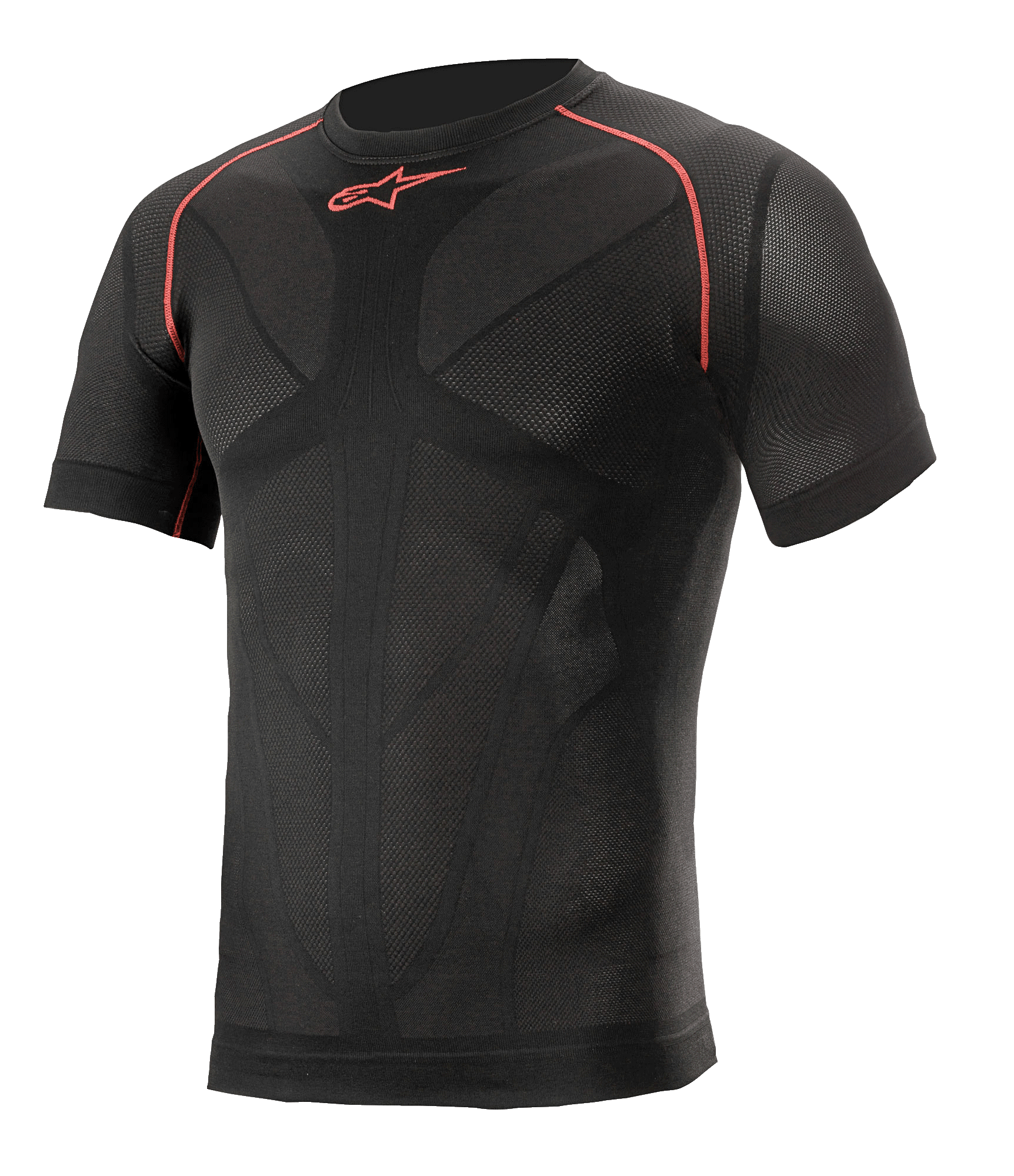 Alpinestars Ride Tech V2 Top Kurzarm Sommer, Kurzarm-Motorrad-Base-Layer, Schwarz mit roten Akzenten, Kompressionspassform mit körperbetonten Mesh-Belüftungseinsätzen, technische Funktionsbekleidung für Straßen- und Rennstreckenfahrten im Sommer