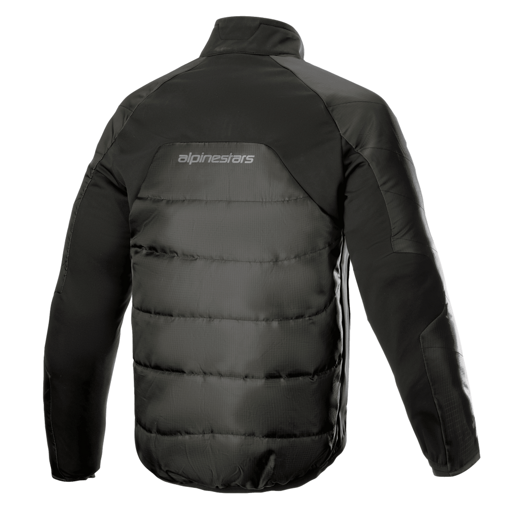 Alpinestars AMT Thermal Liner, zwarte thermische tussenlaag jas, achteraanzicht met gewatteerde 3L Ripstop-constructie, PrimaLoft-isolatie en Alpinestars-logo op de bovenrug