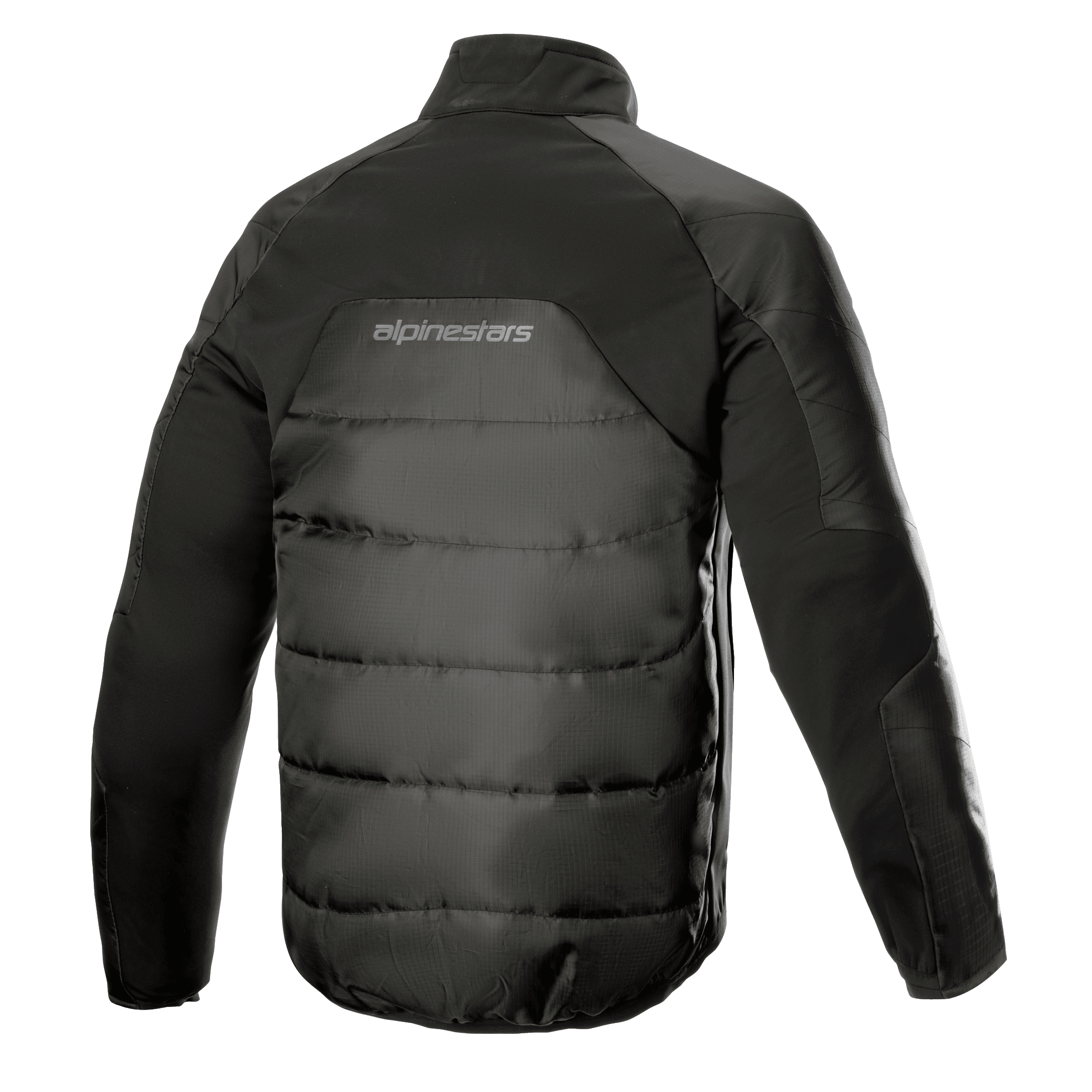 Alpinestars AMT Thermal Liner, zwarte thermische tussenlaag jas, achteraanzicht met gewatteerde 3L Ripstop-constructie, PrimaLoft-isolatie en Alpinestars-logo op de bovenrug