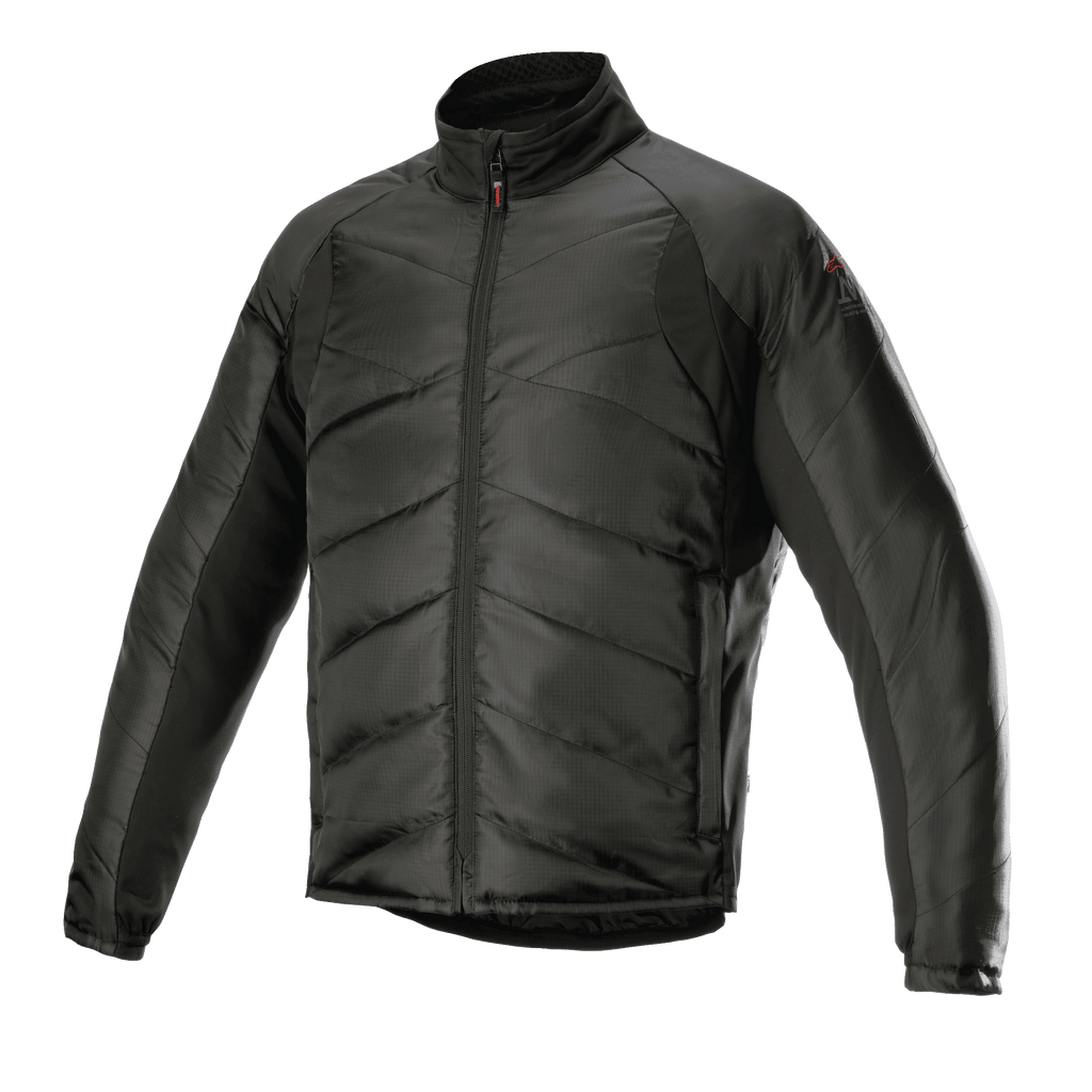 Alpinestars AMT Thermal Liner, zwarte thermische tussenlaag jas, met gequilte diagonale vulling en ripstop-stof, hoge kraag, volledige ritssluiting aan de voorzijde, lichtgewicht isolatie voor motor adventure touring