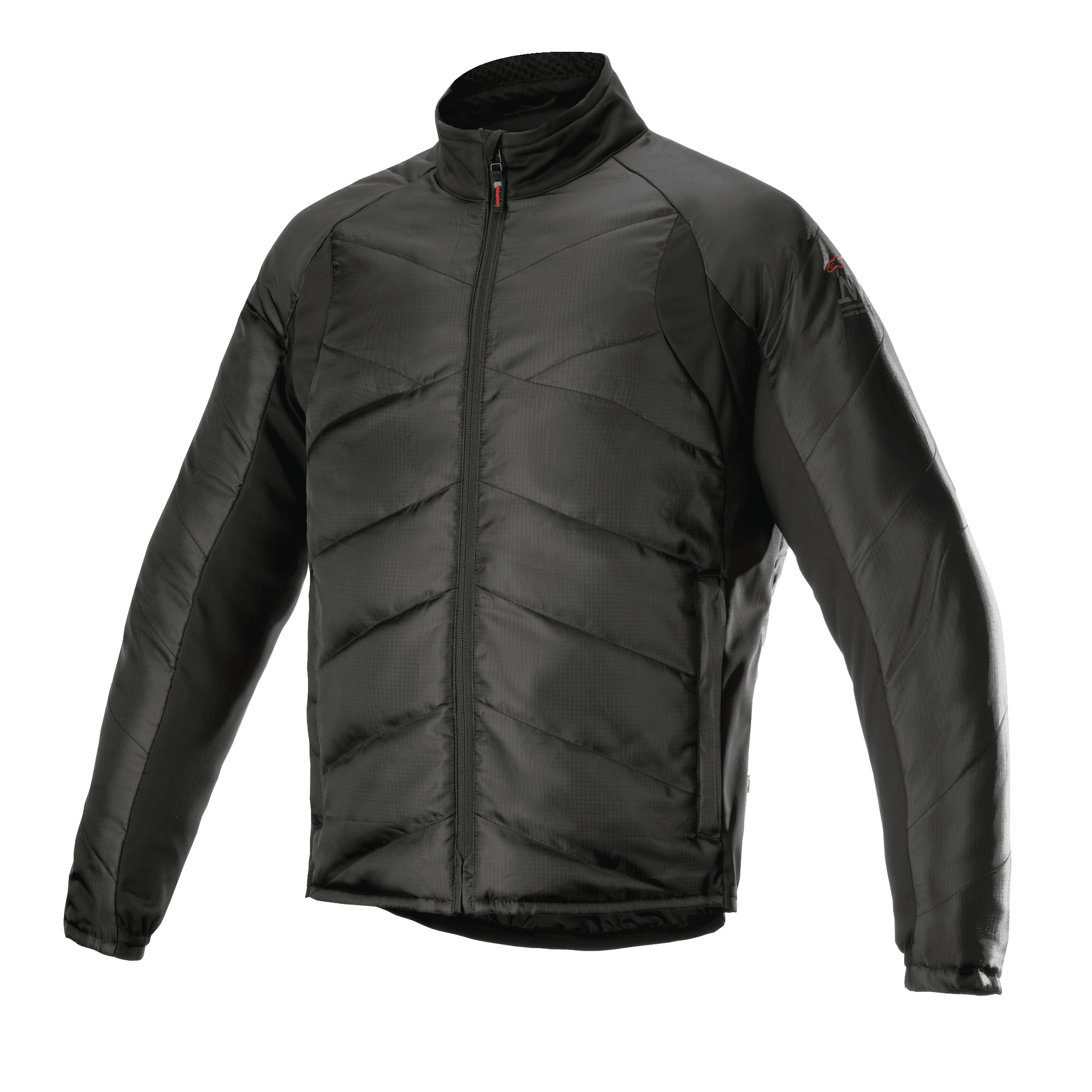 Alpinestars AMT Thermal Liner, zwarte thermische tussenlaag jas, met gequilte diagonale vulling en ripstop-stof, hoge kraag, volledige ritssluiting aan de voorzijde, lichtgewicht isolatie voor motor adventure touring