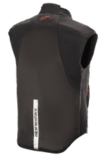 Gilet Alpinestars HT Heat Tech, Noir, vue arrière présentant un logo Astars rouge sur le haut du dos et une bande réfléchissante blanche verticale avec le marquage Alpinestars sur le bas du dos, sous-couche chauffante de moto