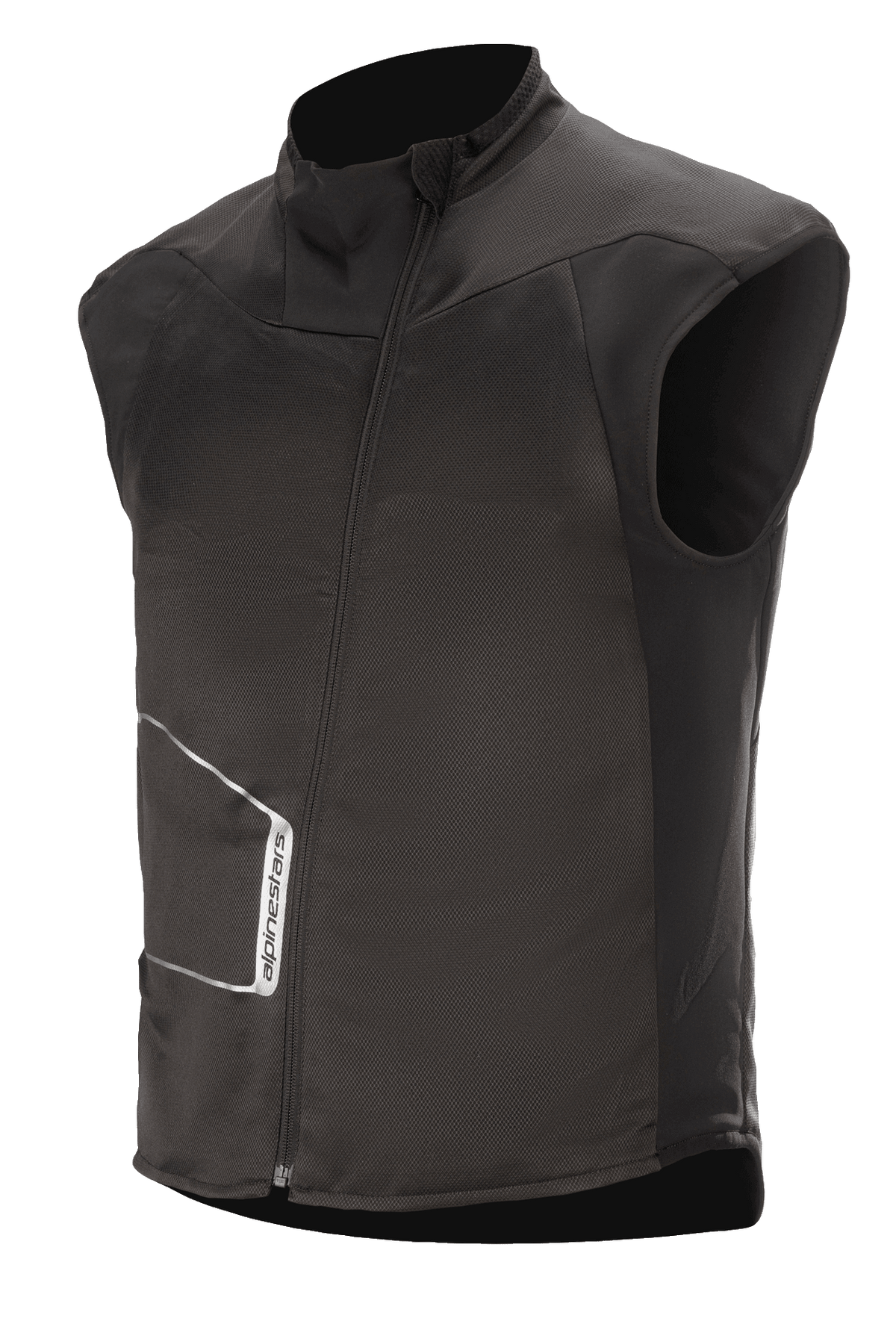 Alpinestars HT Heat Tech Vest, zwart mouwloos verwarmd motorondergoed, hoge kraag met asymmetrische schuine rits aan de voorzijde, technische textielconstructie met wit Alpinestars-logo, thermische onderlaag voor winterse avonturen en road touring