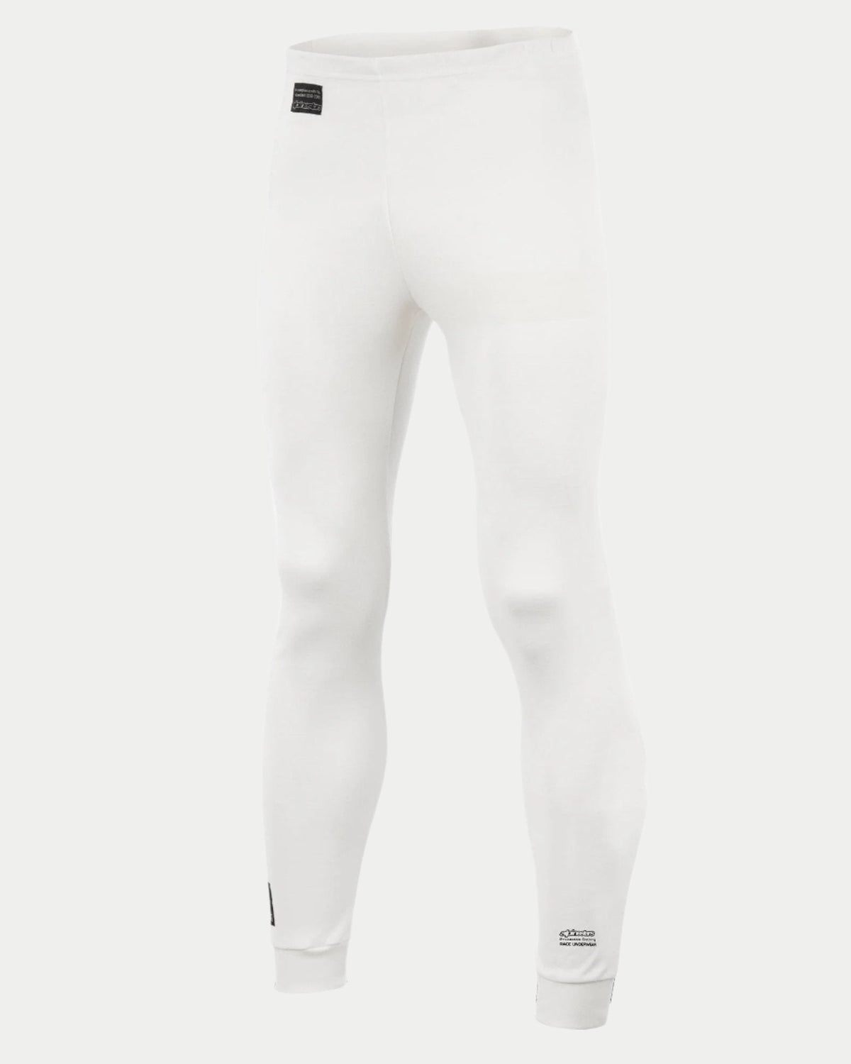 Alpinestars Race Bottom FIA, auto racing basislaag broek, wit, voorzien van zwart FIA-label op de heup en branding op het onderbeen, lichtgewicht en ademend vlamvertragend textiel voor professionele autosport