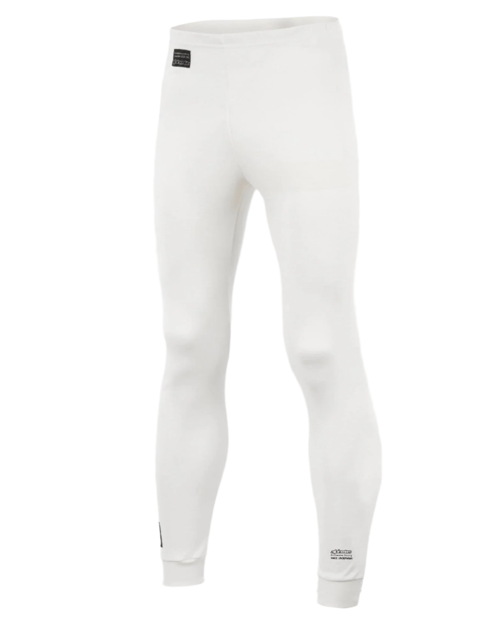Alpinestars Race Bottom FIA, autosport onderkleding broek, wit met zwarte logopatches, lichtgewicht en vlamvertragend textiel, ontworpen om onder een racepak te dragen