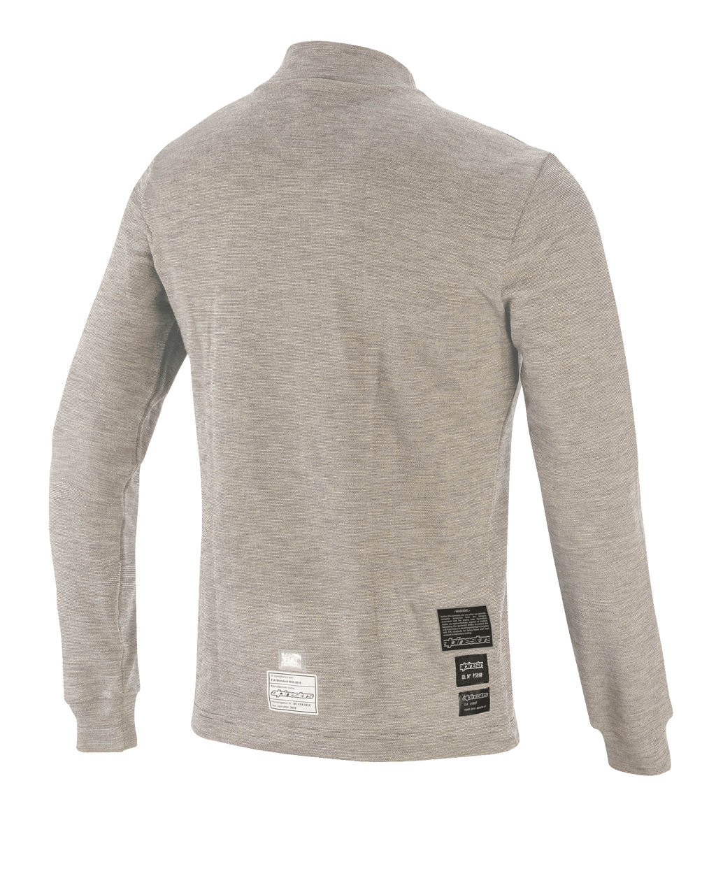 Alpinestars Race V3 Long Sleeve Top, technische basislaag voor de racerij, grijs melange, achteraanzicht met vlamvertragende technische stof en FIA-certificeringspatches bij de zoom