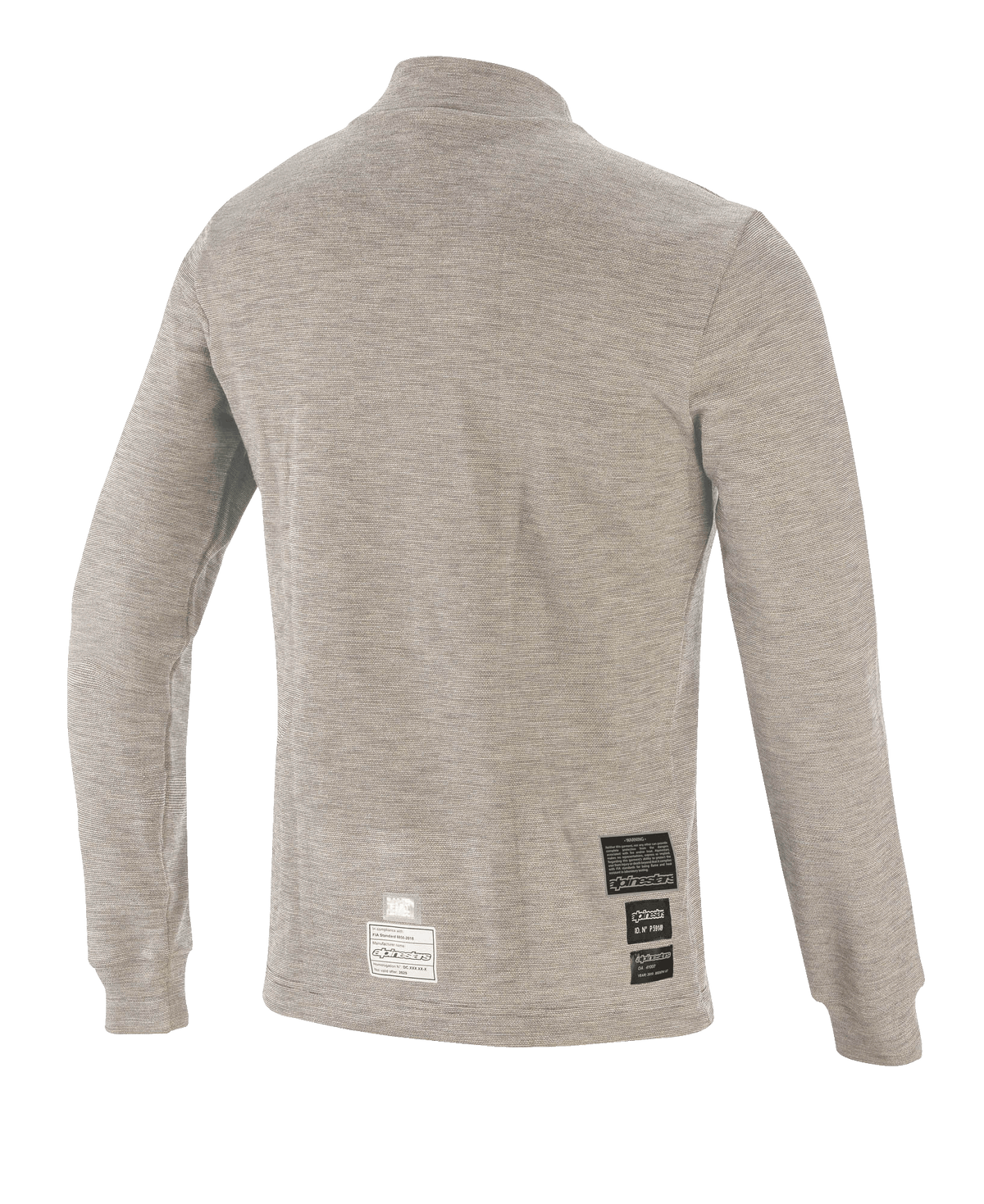 Haut à manches longues Alpinestars Race V3, couche de base pour course automobile, gris chiné, vue de dos avec tissu technique ignifugé et écussons de certification FIA près de l'ourlet