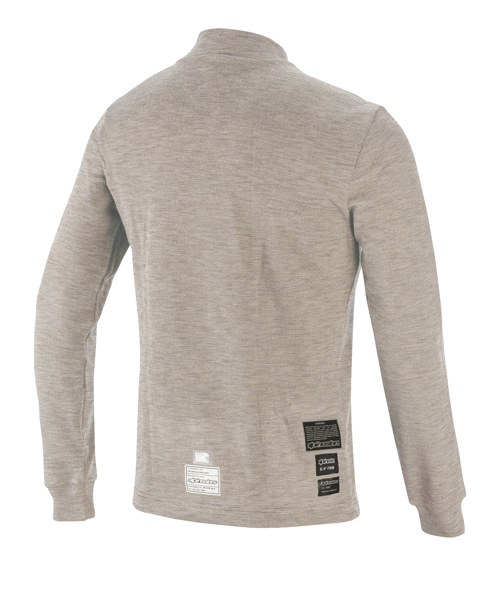 Alpinestars Race V3 Long Sleeve Top, technische basislaag voor de racerij, grijs melange, achteraanzicht met vlamvertragende technische stof en FIA-certificeringspatches bij de zoom