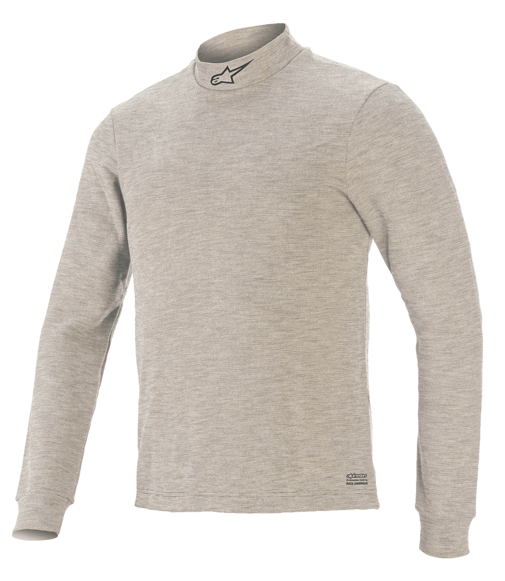 Alpinestars Race V3 Top met lange mouwen, autorace-basislaag, grijs, voorzien van een opstaande kraag met zwart sterlogo, lange mouwen, getextureerde vlamwerende stof en Alpinestars-branding op de zoom