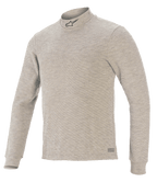 Alpinestars Race V3 Top met lange mouwen, autorace-basislaag, grijs, voorzien van een opstaande kraag met zwart sterlogo, lange mouwen, getextureerde vlamwerende stof en Alpinestars-branding op de zoom