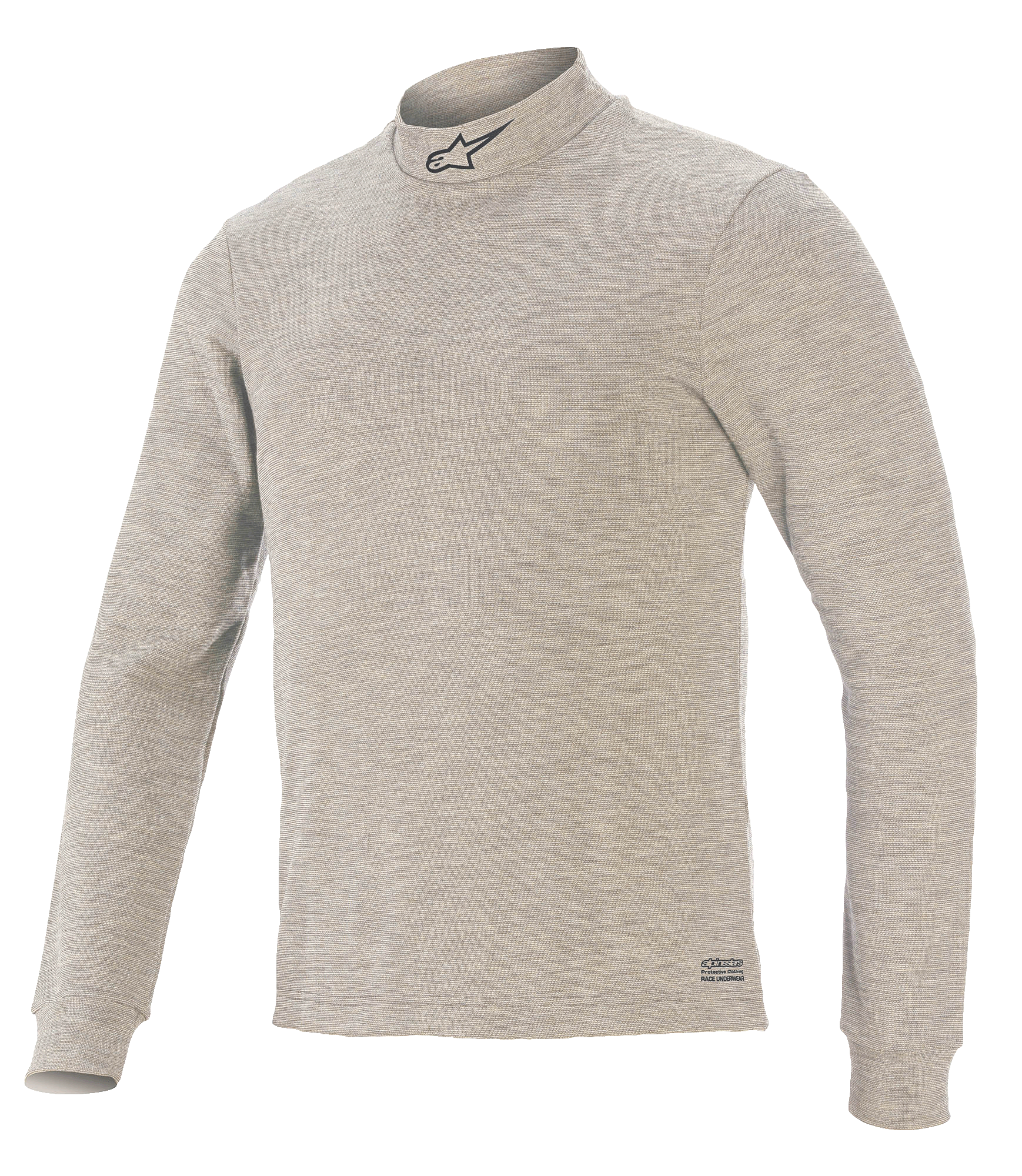 Haut technique Alpinestars Race V3 à manches longues, couche de base pour la course automobile, gris, avec col montant orné d'un logo étoile noir, manches longues, tissu ignifuge texturé et marquage Alpinestars sur l'ourlet