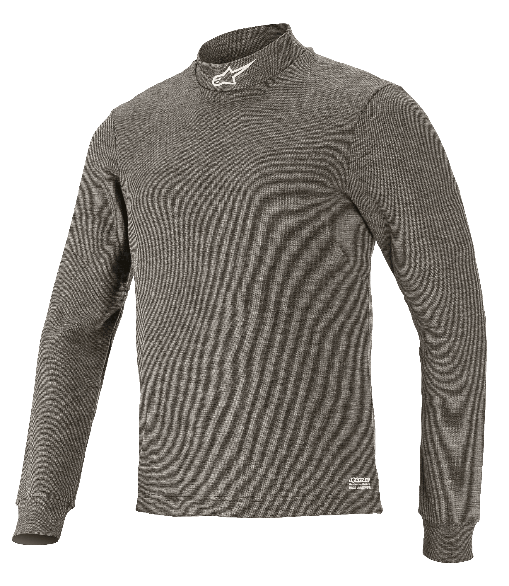 Haut à manches longues Alpinestars Race V3, couche de base technique pour sport automobile, gris anthracite chiné, col montant avec logo étoile blanc, manches longues, tissu ignifugé chiné, sous-couche professionnelle pour la course automobile