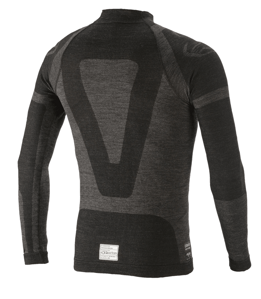 Alpinestars ZX Evo V2 top met lange mouwen, autorace-onderlaag, zwart en grijs, achteraanzicht met een technisch jacquard-ontwerp, naadloze buisvormige constructie en FIA/SFI-certificeringslabel aan de zoom