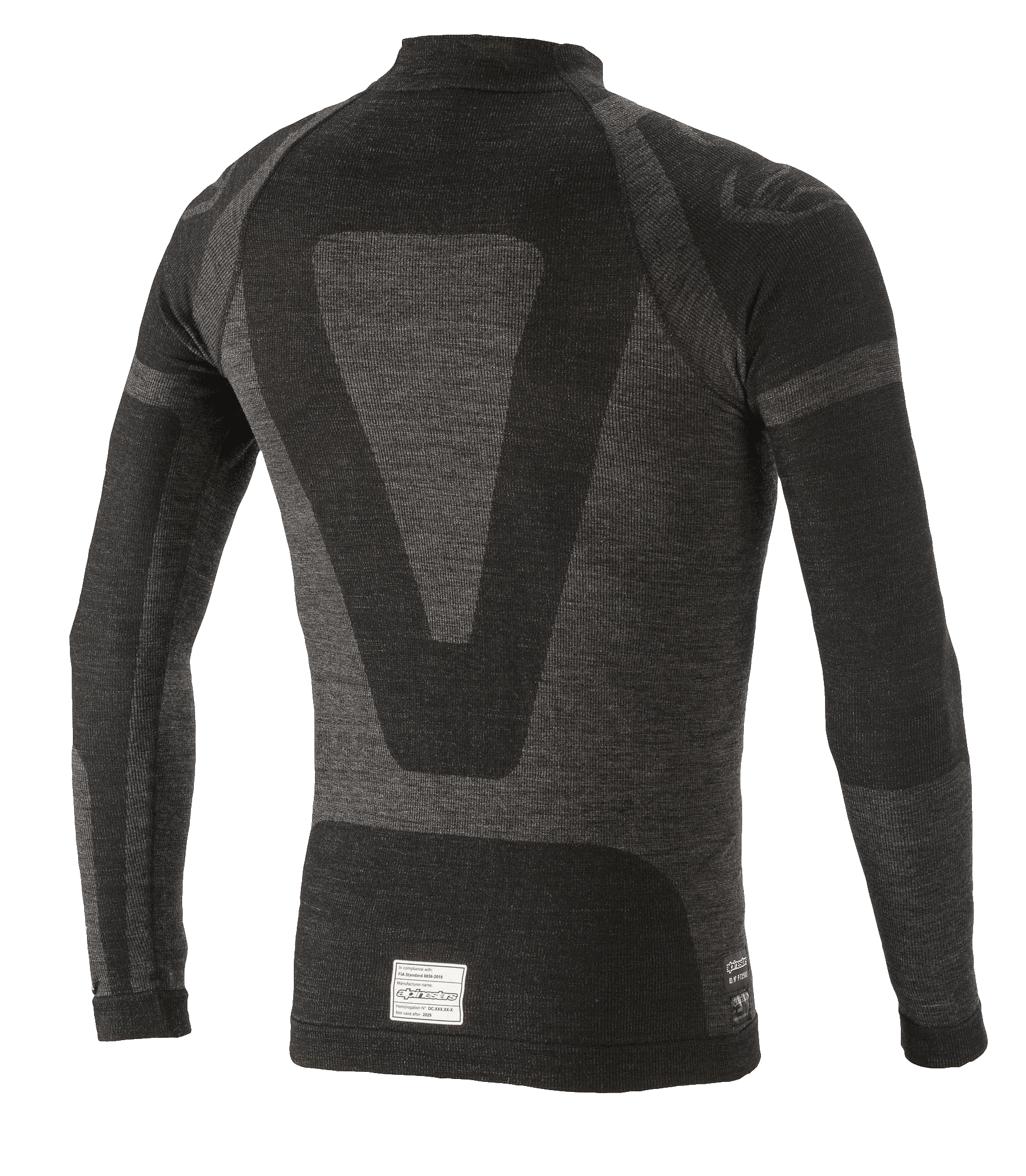 Alpinestars ZX Evo V2 top met lange mouwen, autorace-onderlaag, zwart en grijs, achteraanzicht met een technisch jacquard-ontwerp, naadloze buisvormige constructie en FIA/SFI-certificeringslabel aan de zoom