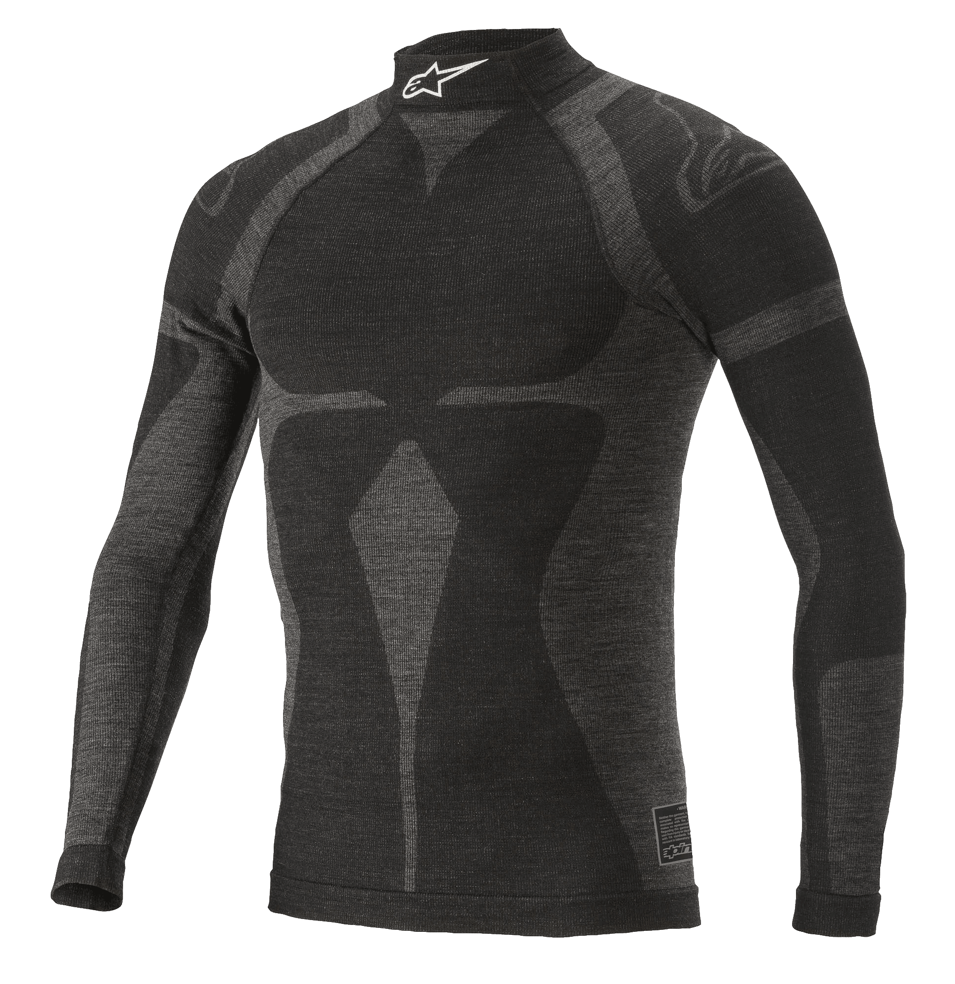 Alpinestars ZX Evo V2, haut à manches longues, sous-vêtement technique de course automobile, noir et gris, col montant avec logo blanc, motif jacquard, vêtement technique ajusté avec texture en maille légère