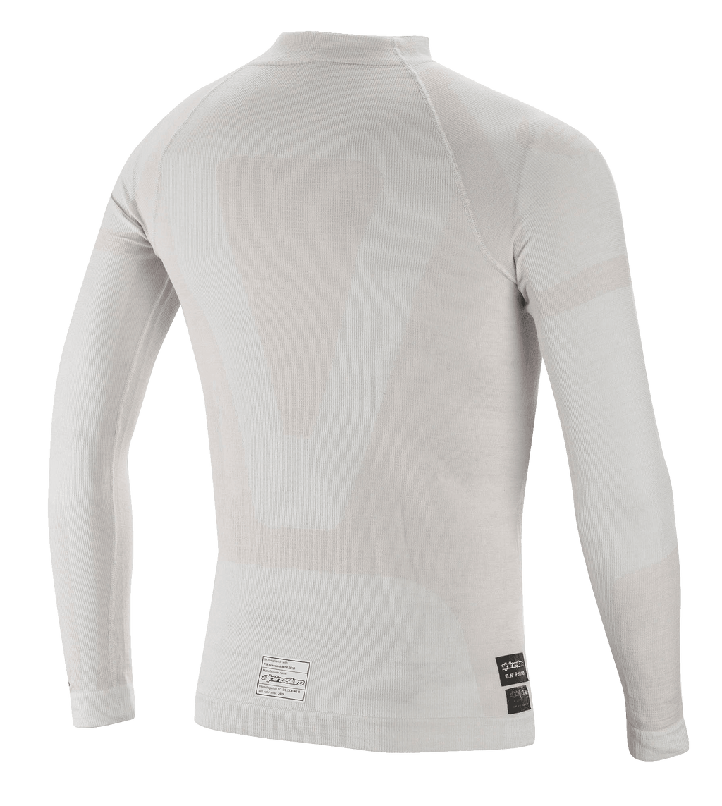 Alpinestars ZX Evo V2 top met lange mouwen, autorace-onderlaag, wit grijs, achteraanzicht met lichtgewicht naadloze buisvormige constructie en FIA-certificeringslabels aan de onderzoom