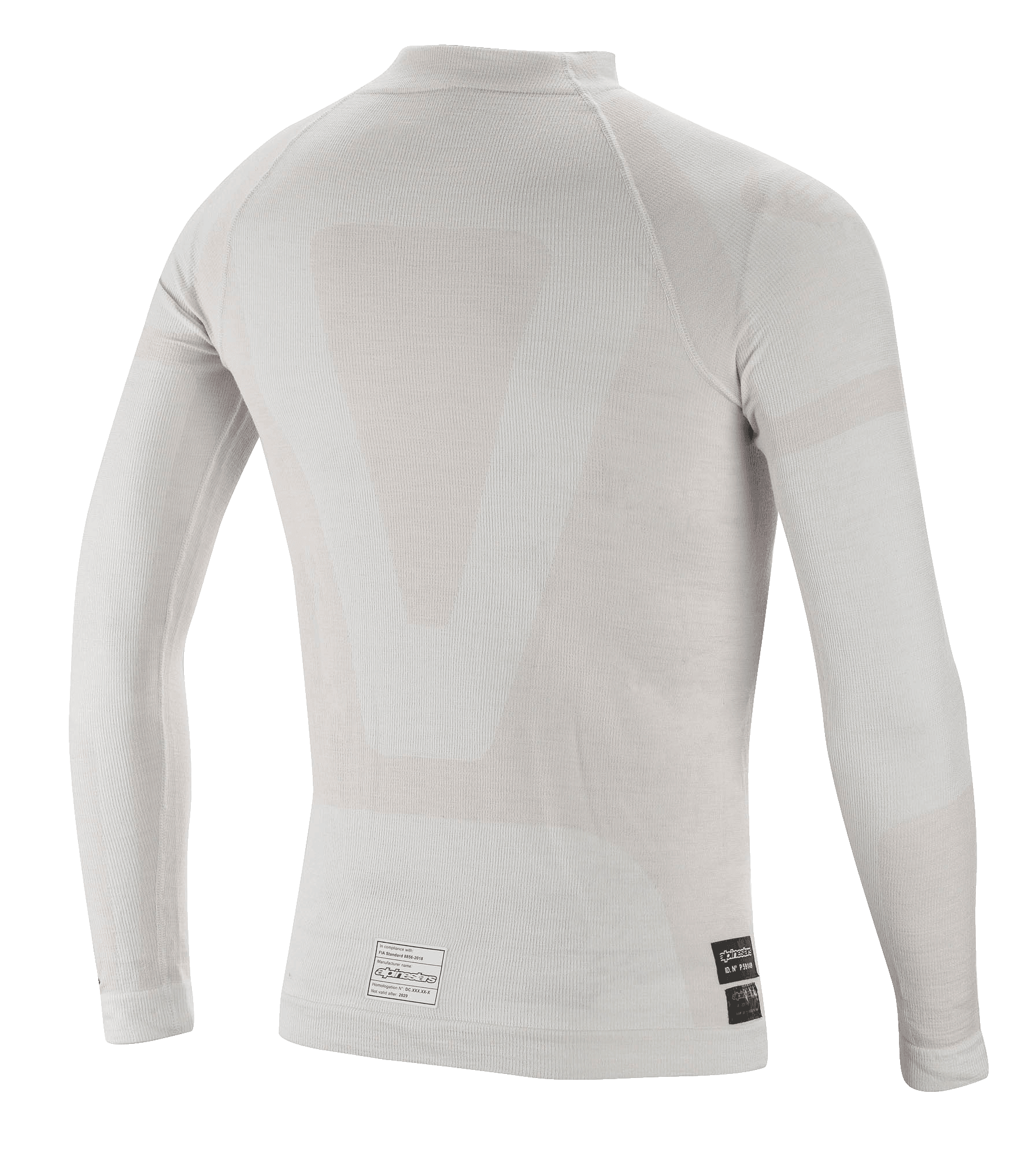 Alpinestars ZX Evo V2 top met lange mouwen, autorace-onderlaag, wit grijs, achteraanzicht met lichtgewicht naadloze buisvormige constructie en FIA-certificeringslabels aan de onderzoom